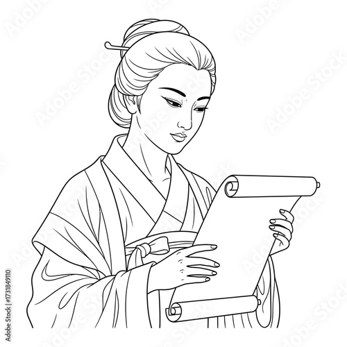 Contemplative Ancient Asian Sage Line Art Coloring Page for Adults Wisdom & Scholarship