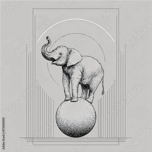 Elephant Balancing on a Ball Vintage Circus Animal Illustration with Geometric Design elements for Posters and Prints