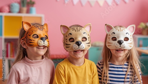 Three Children Wearing Animal Masks and Smiling Against Pink Wall
