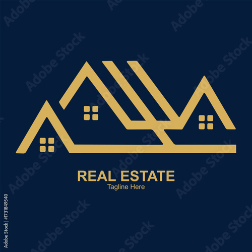 Illustration of modern gold abstract house logo design on navy blue background, real estate company branding