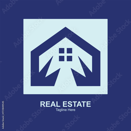 Illustration of abstract geometric house logo with arrows pointing inwards, real estate branding on navy blue