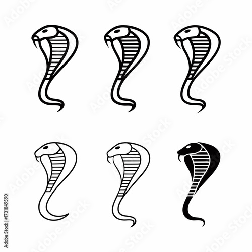 Six cobra icons in black and white, vector illustration