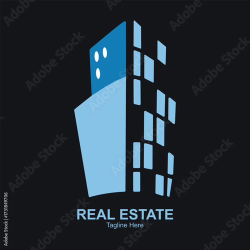 Illustration of abstract blue building logo for reales tate, representing a modern real estate company with a pixelated effect