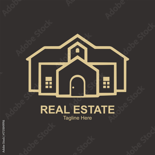Illustration of elegant outline logo of a house with the text reales tate and tagline here on a dark background