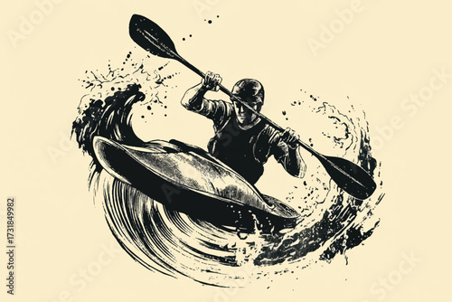 Energetic Kayaker Rides a Powerful Wave in a Monochrome Vector Illustration Artwork Design