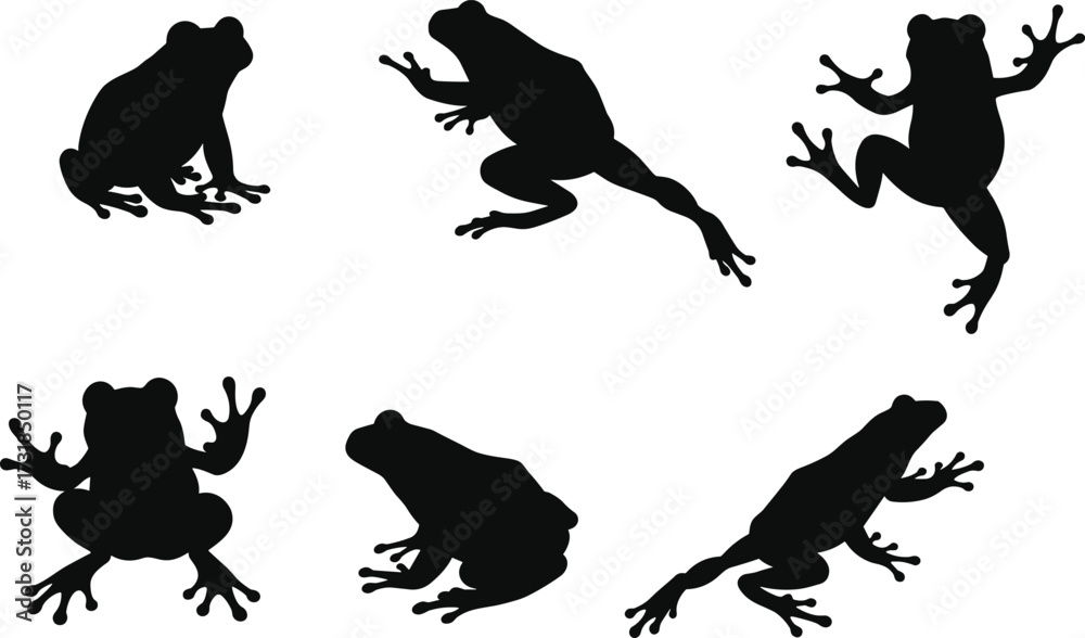 Obraz premium Frog silhouette set in different poses, jumping, sitting, climbing, isolated on white background, perfect amphibian animal illustration for nature, wildlife, design