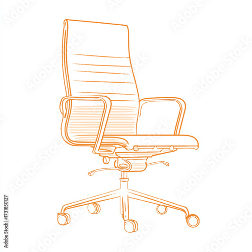 Ergonomic office chair illustration in orange outline style on a white background for website assets or prints
