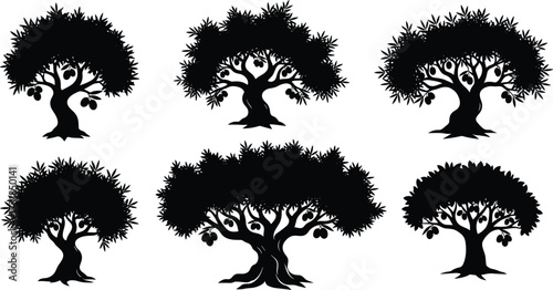 Black tree silhouettes, fruit bearing tree design, abstract forest illustration, decorative botanical artwork, minimal foliage drawing, creative vector tree collection