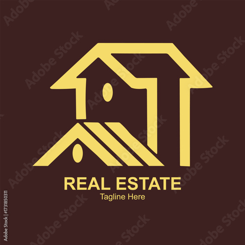 Illustration of modern abstract logo design of a house with the text reales tate and tagline here on a dark brown background