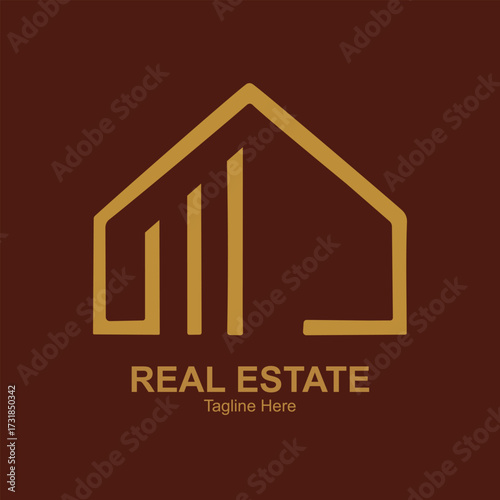 Illustration of minimalist golden house outline logo with vertical lines, symbolizing real estate and home ownership