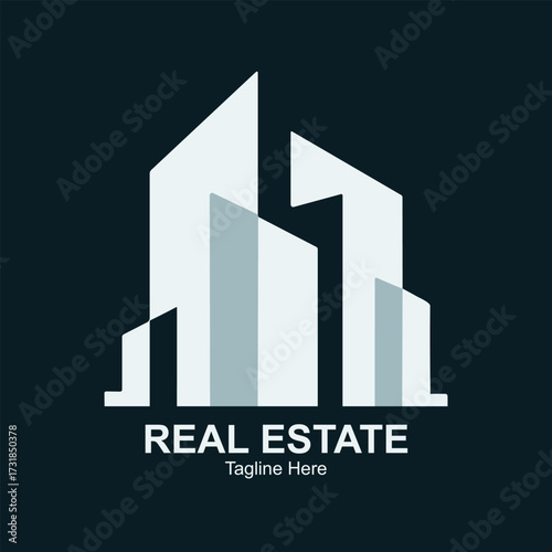 Illustration of stylized logo depicting abstract buildings with the text reales tate and a tagline