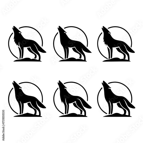 Illustration of six howling wolves in black and white