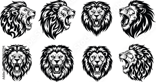 Lion head silhouettes, roaring lion icons, tribal animal design, black tattoo art, majestic wildlife symbol, fierce predator illustration, powerful beast artwork