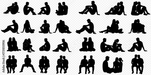 Collection of diverse black silhouettes depicting individuals and couples sitting and reclining in various relaxed poses.