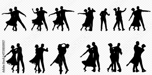 Collection of elegant black silhouettes depicting couples performing various ballroom and Latin dances.