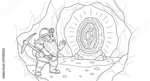 Dwarven Miner's Geode Discovery Stylized Cave Adult Fantasy Coloring Page