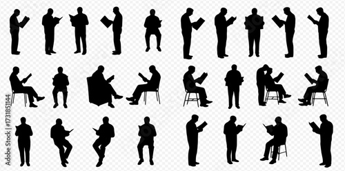Diverse collection of black human silhouettes illustrating people standing and sitting in various poses while reading books or looking at documents.