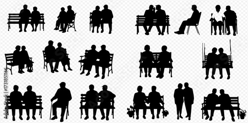 A collection of black silhouettes depicting elderly couples and individuals sitting on park benches, chairs, and standing, illustrating companionship and leisure.