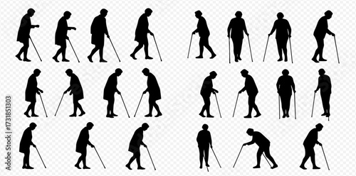 Silhouettes of elderly men and women walking with canes, depicting various postures and movements.