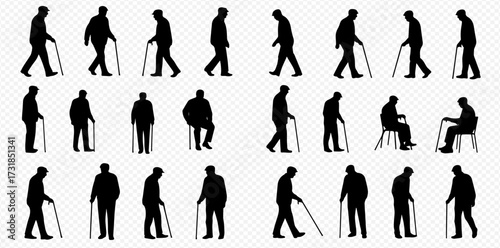 Silhouettes of elderly men in various walking, standing, and sitting poses, many using canes for support.