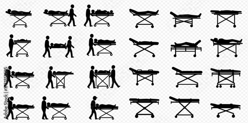 Black silhouettes depicting medical staff transporting patients on stretchers and various emergency bed configurations.