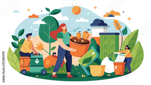Vector illustration of diverse group of people actively composting organic waste in an urban setting, contributing to a greener and more sustainable future