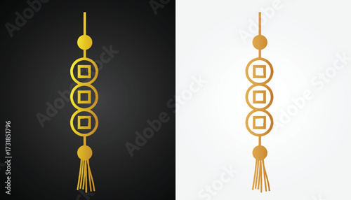 Vector image of a Chinese lantern hanging motif logo with beautiful and cool gold color variations with a cool bamboo circle motif with a black and white background for various design and branding pur