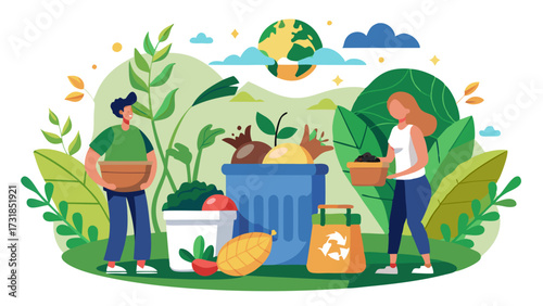 Vector illustration of people composting organic waste and recycling, illustrating a sustainable lifestyle and environmental care with plants and the earth
