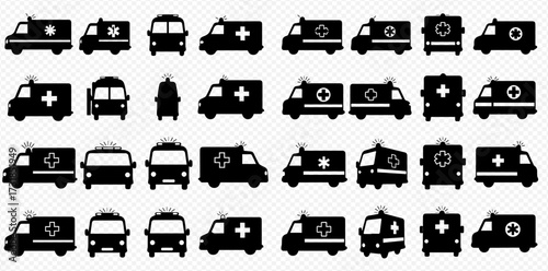 A comprehensive collection of black silhouette ambulance icons, showcasing various models and perspectives including side, front, and rear views, each featur...