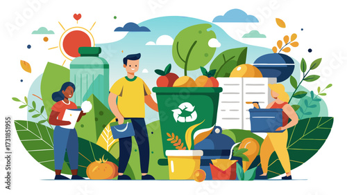 Vector illustration of people sorting waste for recycling, with fruits and vegetables, symbolizing environmental care and sustainability
