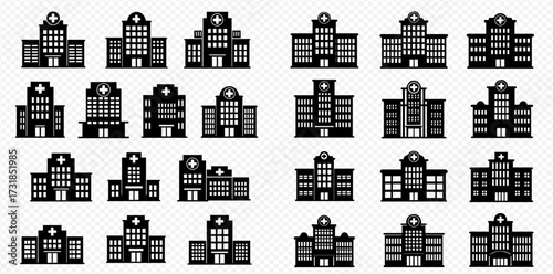 A comprehensive collection of black silhouette hospital building icons featuring various architectural designs on a transparent background.