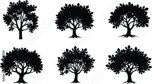Tree silhouette set, diverse tree shapes, black botanical icons, seasonal forest art, abstract canopy design, nature illustration pack, landscape tree symbols