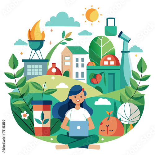 Vector illustration of a woman working on her laptop in a vibrant, ecofriendly landscape, featuring buildings, plants, and a sunny sky, representing sustainable living and technology