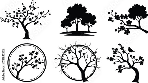 Tree silhouette set, floral tree icons, seasonal nature design, black botanical art, abstract canopy illustration, decorative tree artwork, creative forest symbols