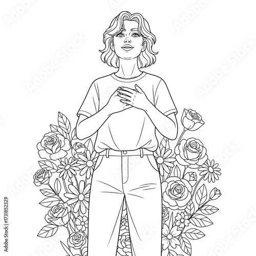 Serene Figure with Blooming Flowers Empowering Growth Symbolizing Vitality New Beginnings