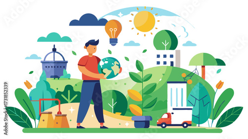 Vector illustration of man carrying the earth with renewable energy elements like a lightbulb and wind turbine, representing global responsibility and ecoconscious living