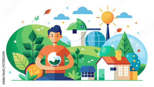 Vector illustration of a person holding a globe surrounded by nature, renewable energy sources, and houses, symbolizing environmental protection and sustainability