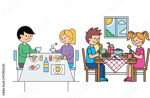 Family dining illustration, adults and children eating together, meal time, food culture, nutrition