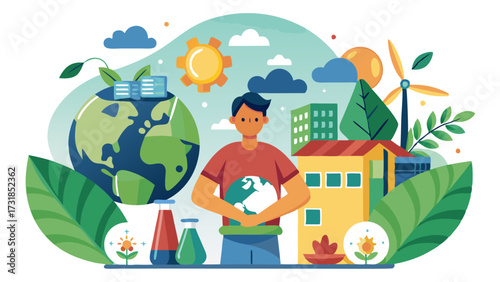 Vector illustration of central figure embracing a globe amidst a landscape of green hills, buildings, and wind turbines, illustrating a commitment to a sustainable future