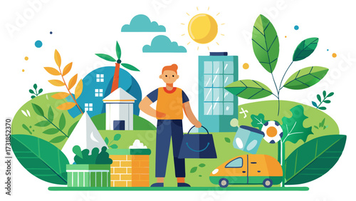Vector illustration of man with shopping bag and delivery car in ecofriendly city with wind turbine and green plants, representing sustainable urban living and environmental awareness