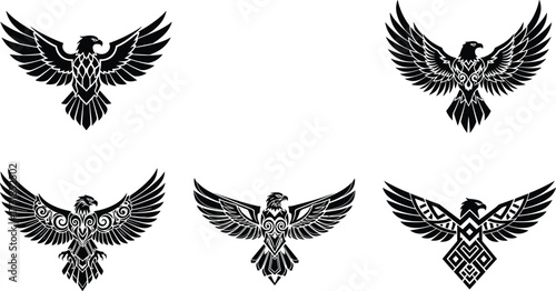 Tribal eagle silhouettes, stylized bird icons, symmetrical hawk tattoo art, black avian design, powerful wings spread, majestic animal symbol, abstract illustration