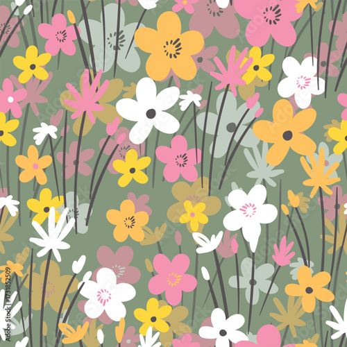 Seamless floral pattern based on traditional folk art ornaments. Colorful flowers on color background. Scandinavian style. Sweden nordic style. Vector illustration. Simple minimalistic pattern.