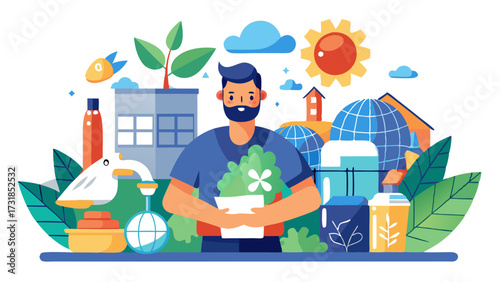 Vector illustration of man with beard holding a plant, surrounded by elements of nature, science, and sustainable living, symbolizing environmental stewardship and green initiatives