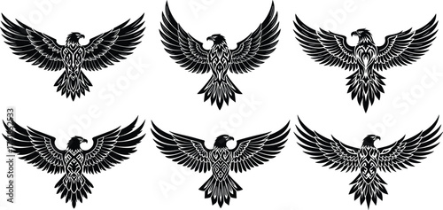 Tribal eagle tattoo design, symmetrical hawk illustration, black bird silhouette, fierce wings spread, majestic animal art, powerful avian symbol