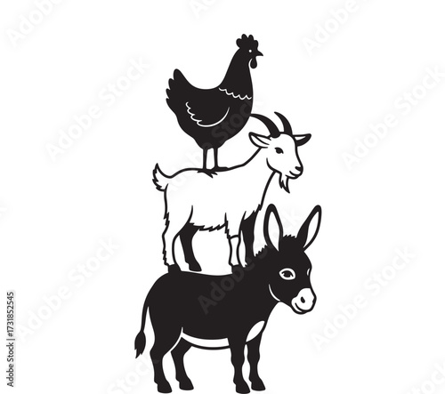 Whimsical animal stack illustration featuring a donkey goat and chicken vector design for childrens books and educational material