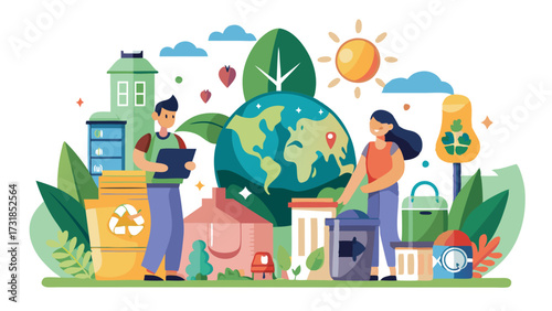 Vector illustration of a vibrant illustration depicting global environmental responsibility with people, recycling bins, and urban elements
