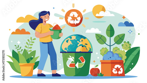 Vector illustration of woman recycling waste into a globe, surrounded by plants and recycling symbols, promoting environmental responsibility
