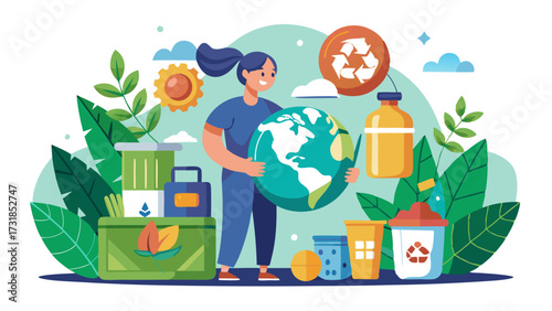 Vector illustration of woman holding planet earth surrounded by recycling bins and plants, symbolizing environmental protection and sustainability