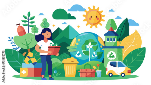 Vector illustration of woman with recycling bin and plants, near a car and buildings, illustrating a commitment to environmental responsibility and a sustainable lifestyle