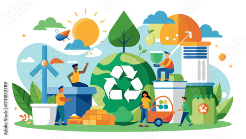 Vector illustration of diverse group of people working together to promote environmental sustainability and renewable energy solutions, with a recycling symbol at the center